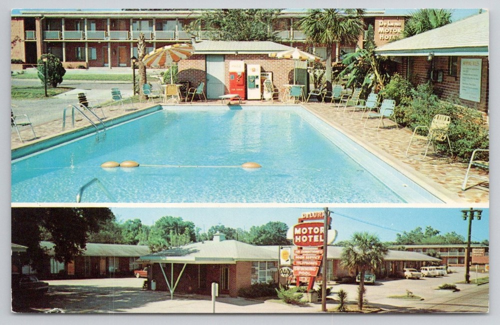 De Luna Motor Hotel Pensacola Florida Vintage Chrome Postcard Pool AAA
