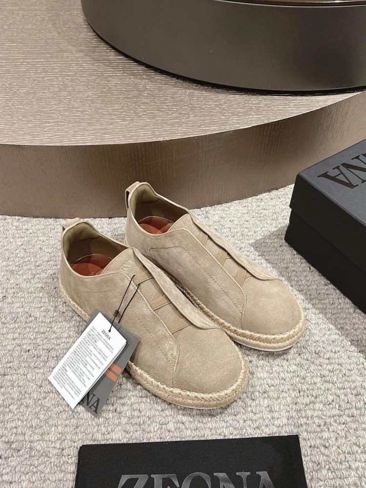 ZEGNA Triple Stitch Espadrilles Beige Suede Loafers Slip-On Sneakers Full Sizes