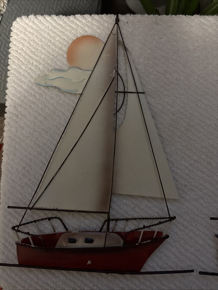 Vintage 3D Sail Boat set Metal Sculptures  Set Red &blue Wall Art Decor 14” Tall