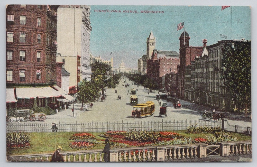 Pennsylvania Avenue Washington DC Street Scene Trolleys Vintage Postcard