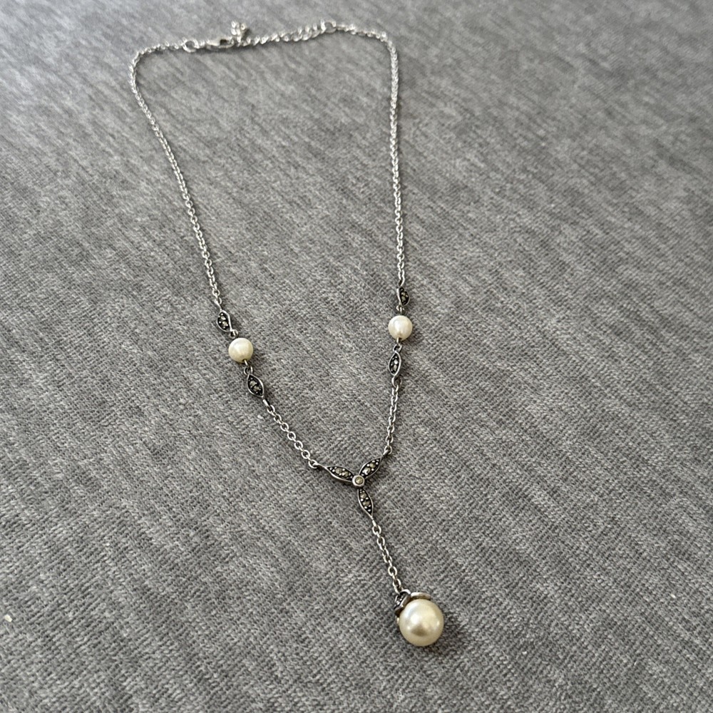 VTG Sterling Silver Y DROP Marcasite Pearl Dainty CHAIN NECKLACE Classic Floral