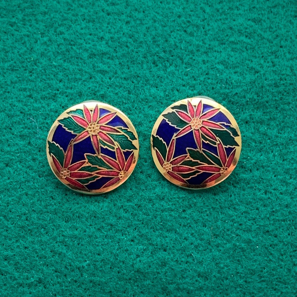 Vintage Cloisonne gold tone blue red green enamel floral post pierced earrings