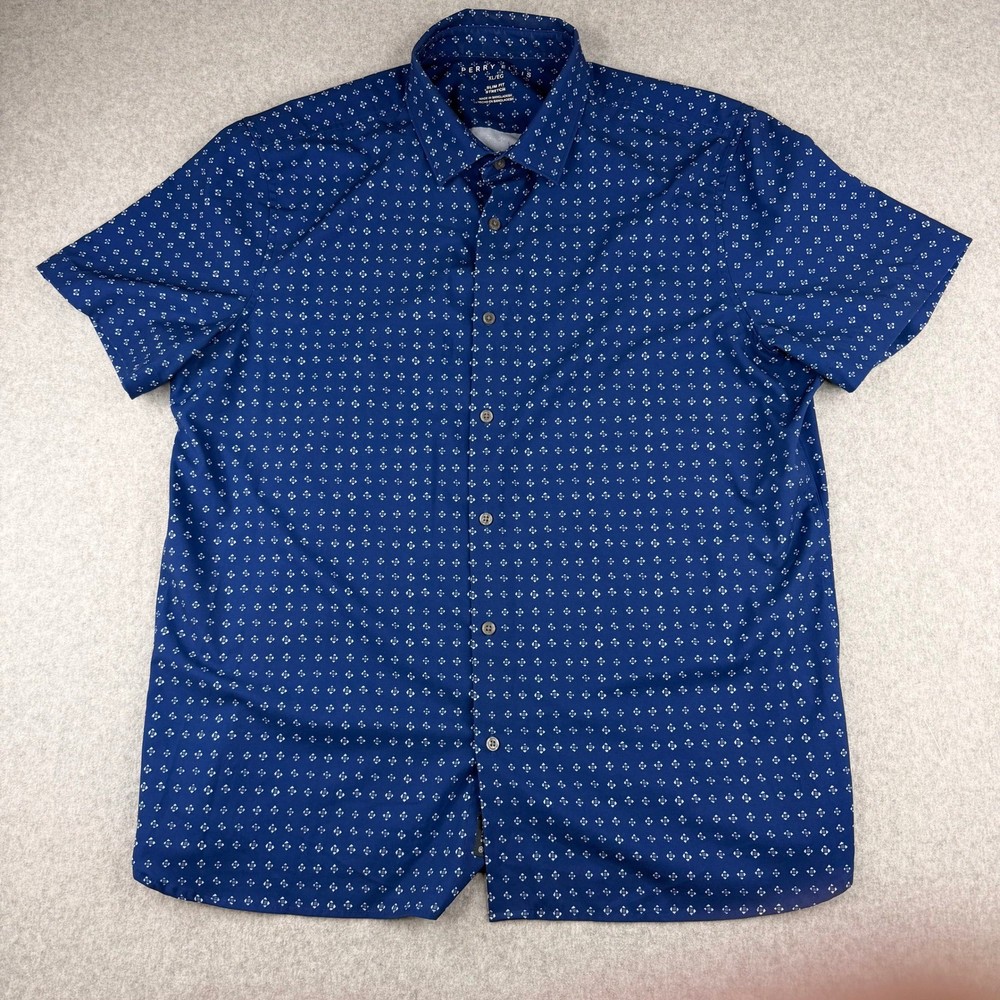 Perry Ellis Mens XL Slim Fit Stretch Short Sleeve Button Down Shirt Navy Geo