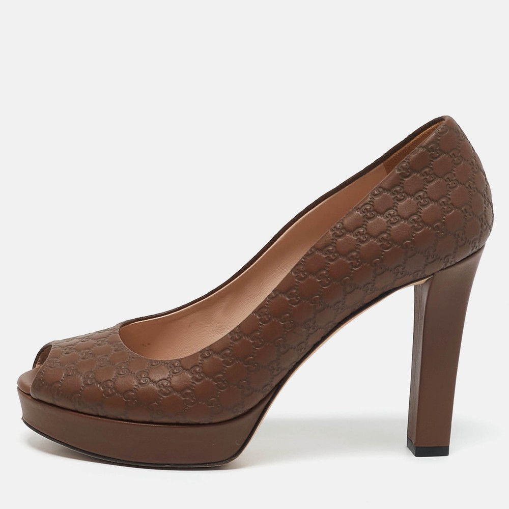 Gucci Brown Microguccissima Leather Peep Toe Platform Pumps Size 39 EU