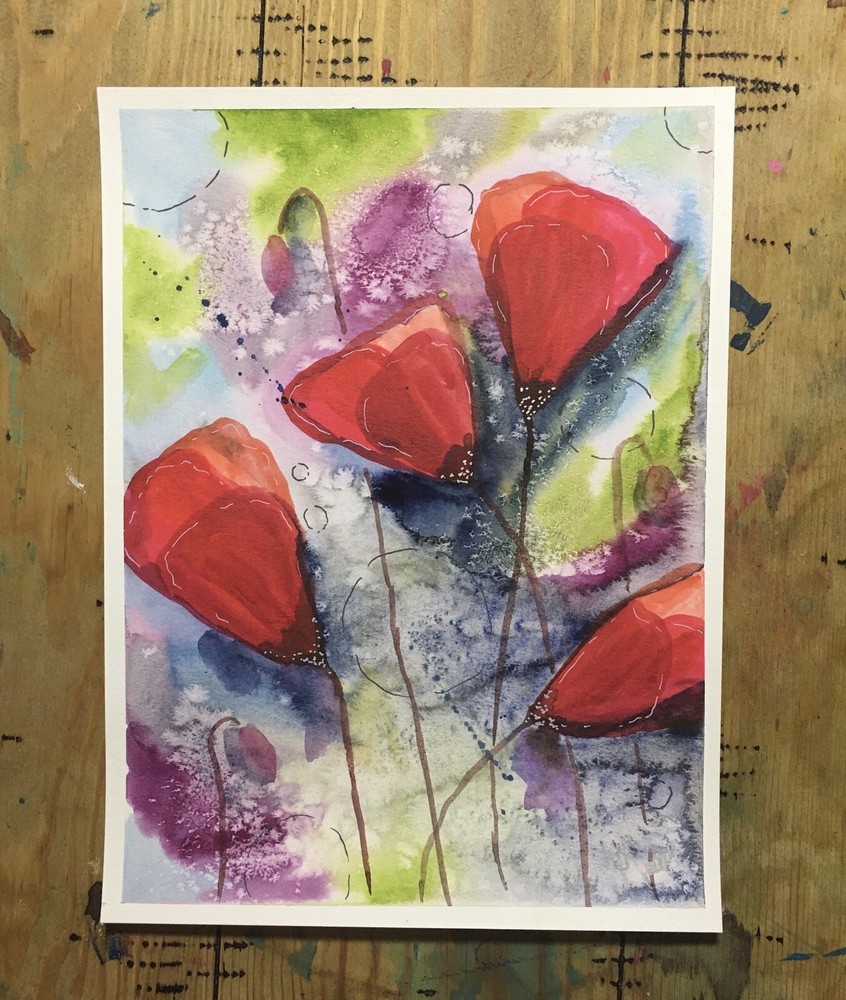 Maria Scalf Flowers Floral Abstract Botanical Poppy Watercolor Signed Art 9x12