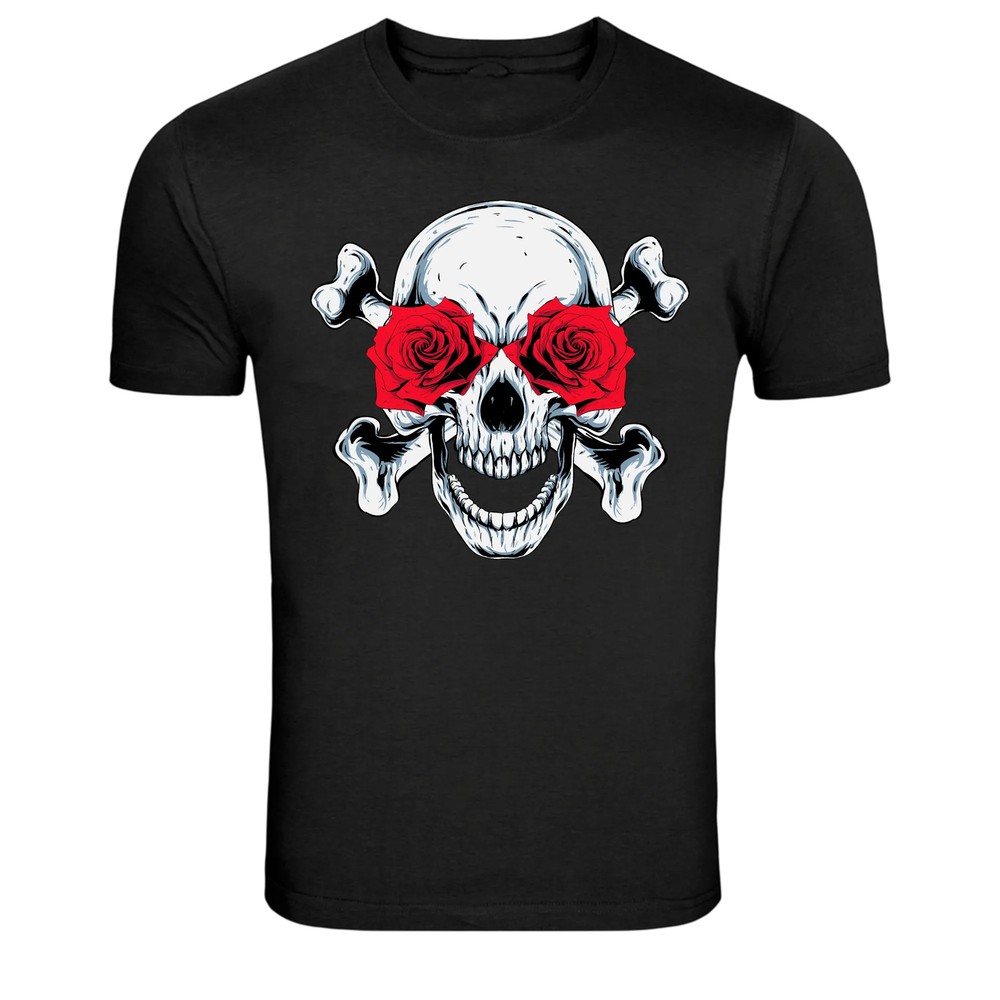 Skull With Roses Eyes Graphic T-Shirt Gothic Skeleton Punk Style Tee