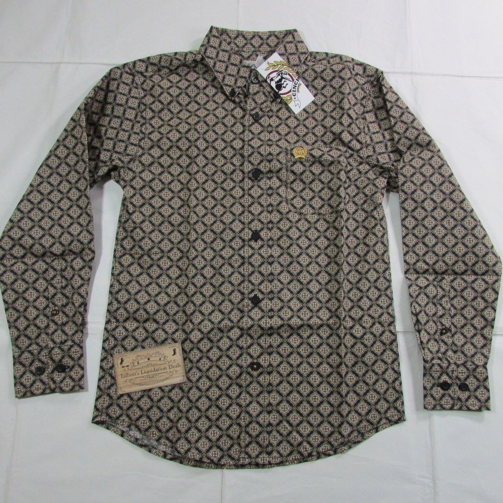 Cinch Boy's Long Sleeve Geo Print Button Western Shirt Black/Gold MTW7060360