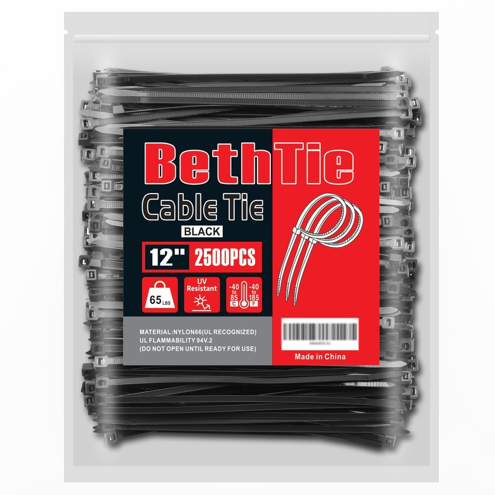 Black 12-Inch Heavy-Duty Zip Ties 2500 Pack 65 LB Tensile Strength Self-Locking