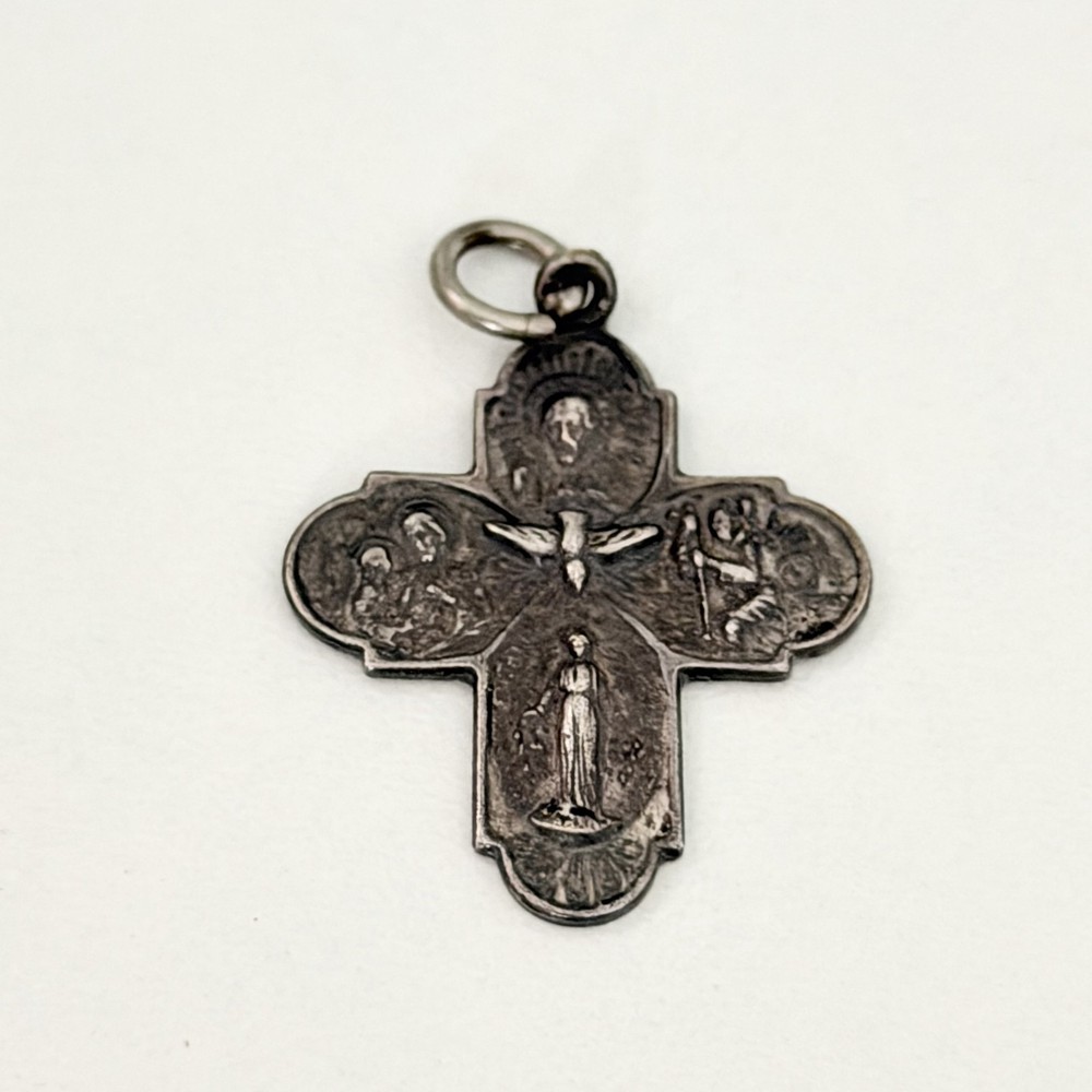 Vintage Catholic 4 Way Reversible Cross Religious Silver Tone Pendant