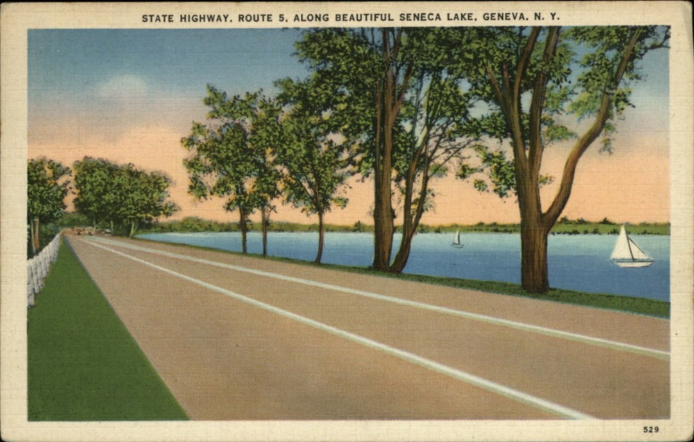 Route 5 along Seneca Lake Geneva New York ~ sailboat ~ 1942 vintage postcard