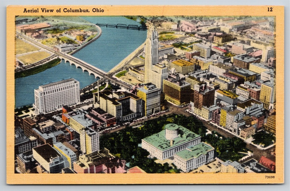 Aerial View Of Columbus Ohio Business Section & Civic Center~Vintage Linen PC