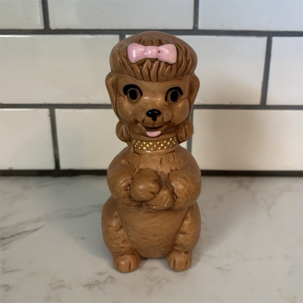 Vintage MCM Brown Poodle Dog Pink Bow Salt/Sugar Shaker