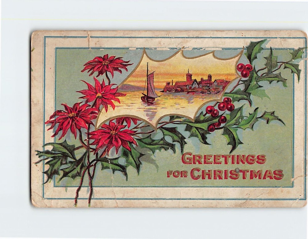 Postcard Greetings for Christmas Ocean Scene Poinsettias Art Print Embossed Card