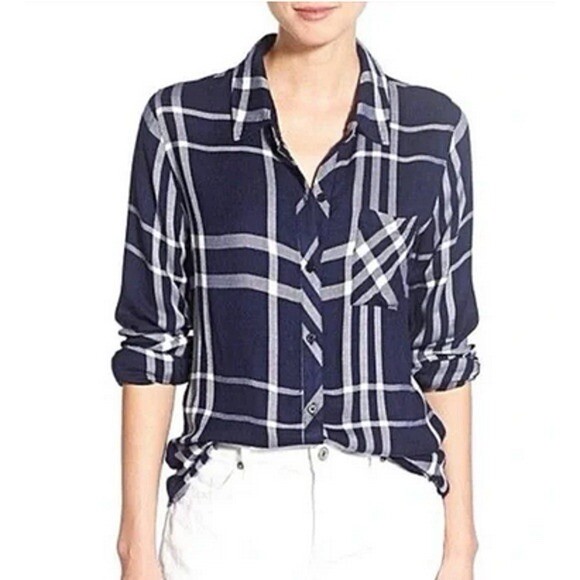 Rails Hunter Button Front Top Cadet White Plaid Long Sleeves Woven Women Size S