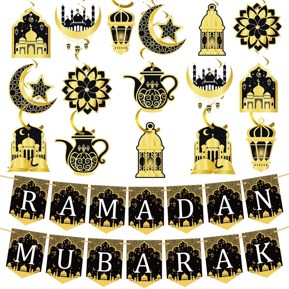 34 Pcs Ramadan Mubarak Banner Pre-Assembled Eid Mubarak Muslim Ramadan Decora...