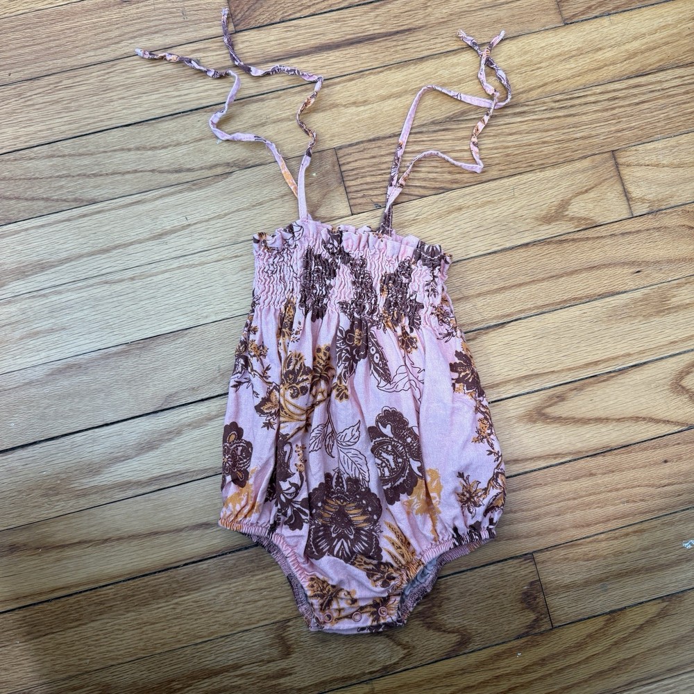 Bebe Organic Pink Floral Smocked Bubble One Piece Linen Cotton Blend 9 Months