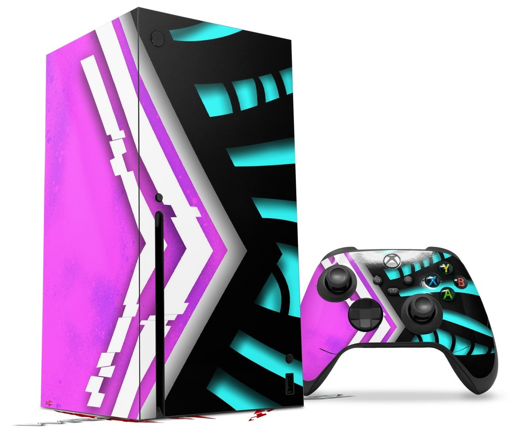 Skins XBOX Series X Console Controller Black Waves Neon Teal Hot Pink