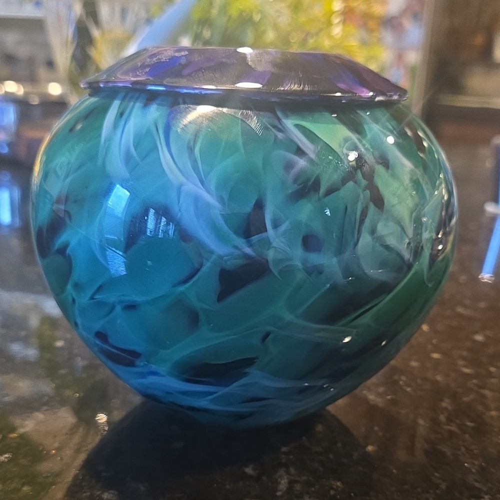 Signed Murano Hand Blown Swirl Art Glass Vase Blue Green Purple White 6x8
