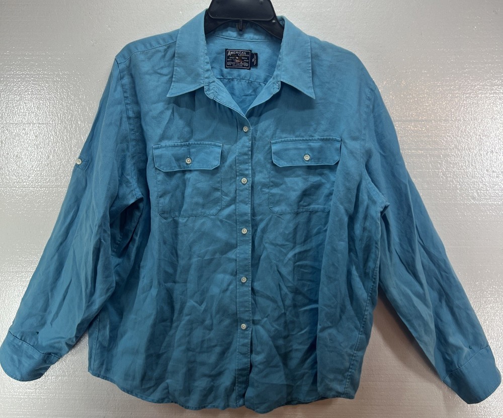 EUC American Living Blue 100% Linen Button Up Women’s  Blouse, XL