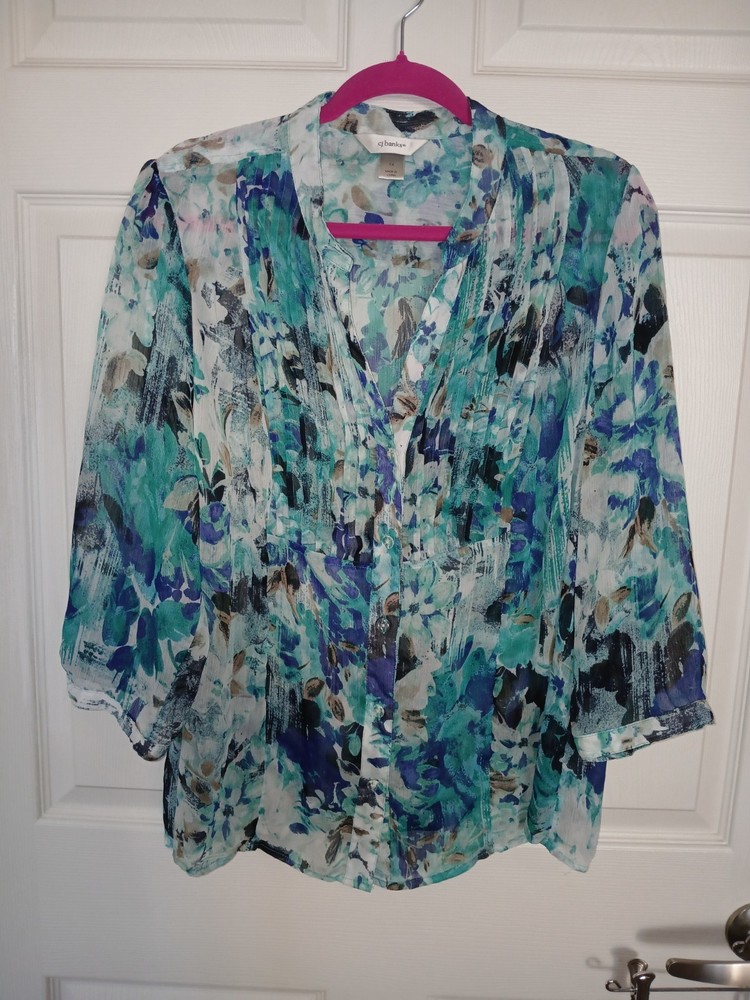 Cj Banks Women’s 1X Sheer Floral Blouse 3/4 Sleeve Blue Summer Lightweight VNeck