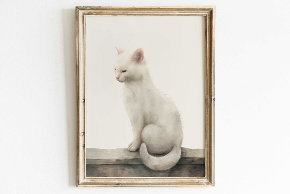 White Cat Wall Art Cat Print Kitten Nursery Print Vintage Animal Painting Cat