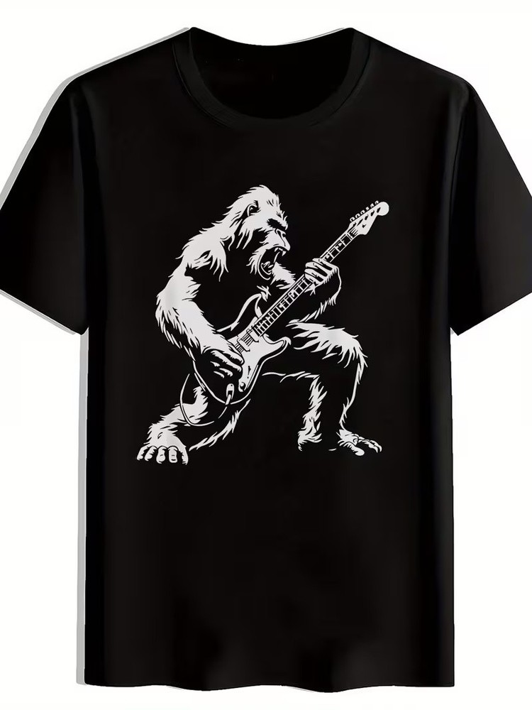Bigfoot Playing Guitar T-Shirt, Rock Music Ape Graphic Tee for Men Women,
