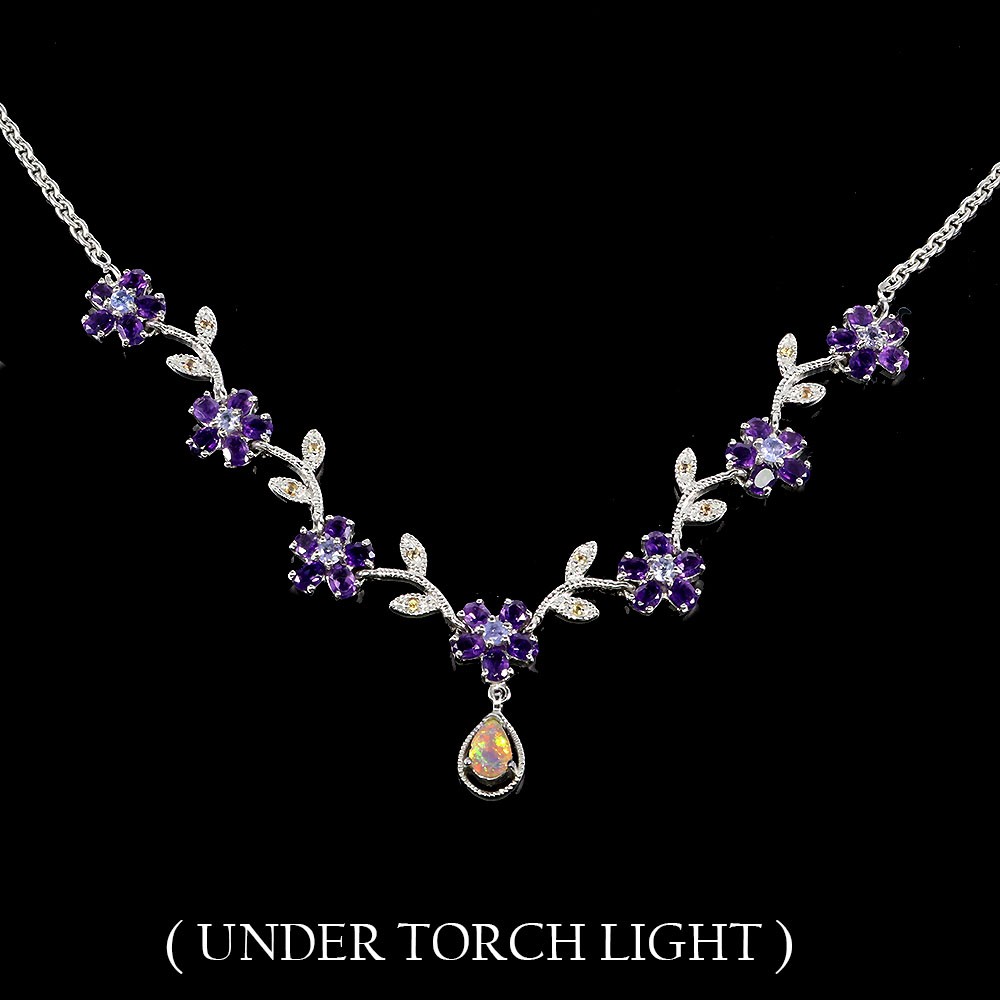 Sterling Silver Necklace with Oval Amethyst Fire Opal and Sapphire Gemstones