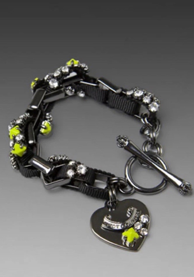 Juicy Couture Y2K Gunmetal Stud & Stone Grograin Heart Vintage Charm Bracelet