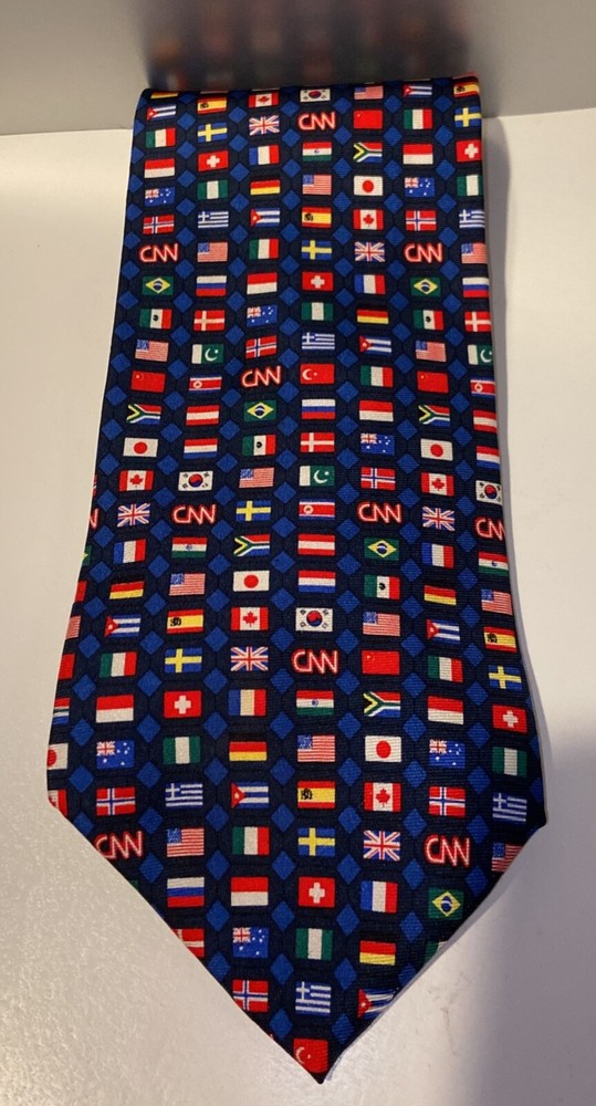 Vintage CNN Silk Necktie World International Flags Buffalo Bay 60.5” Bl.Diamonds
