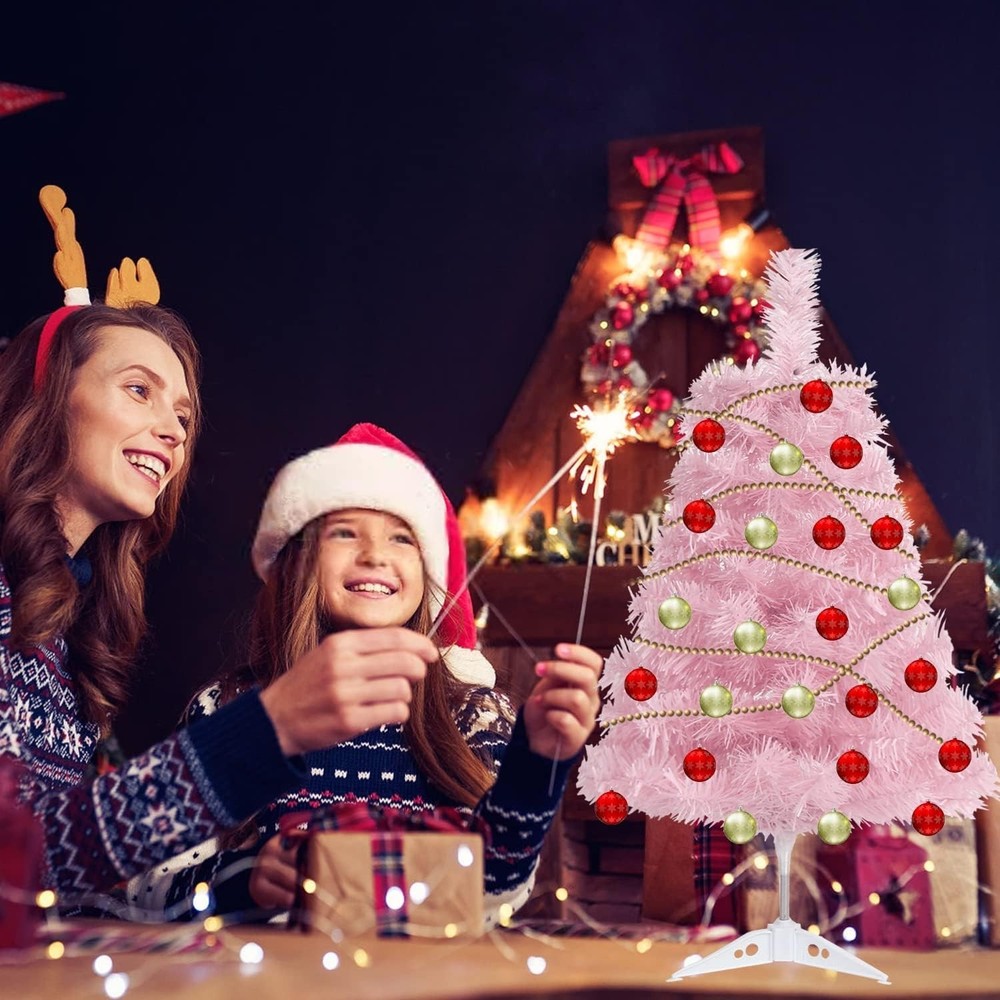 2Ft Artificial Christmas Tree Pink Mini Tabletop Hinged Christmas Tree