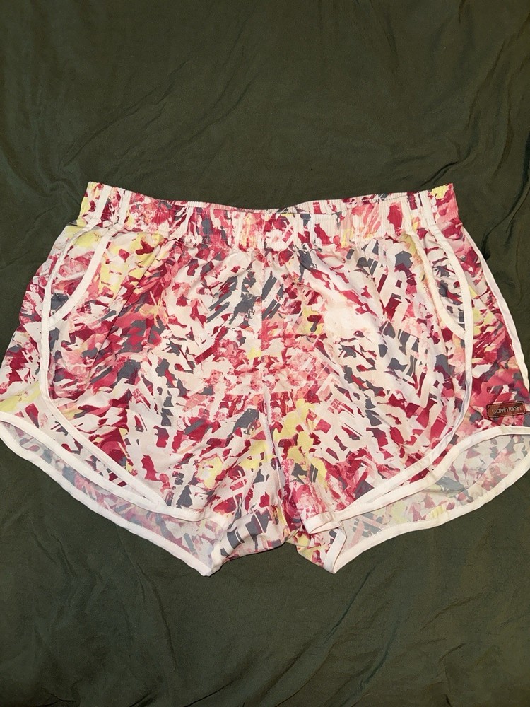 Calvin Klein Women's Athletic Shorts Pink Abstract Drawstring Polyester