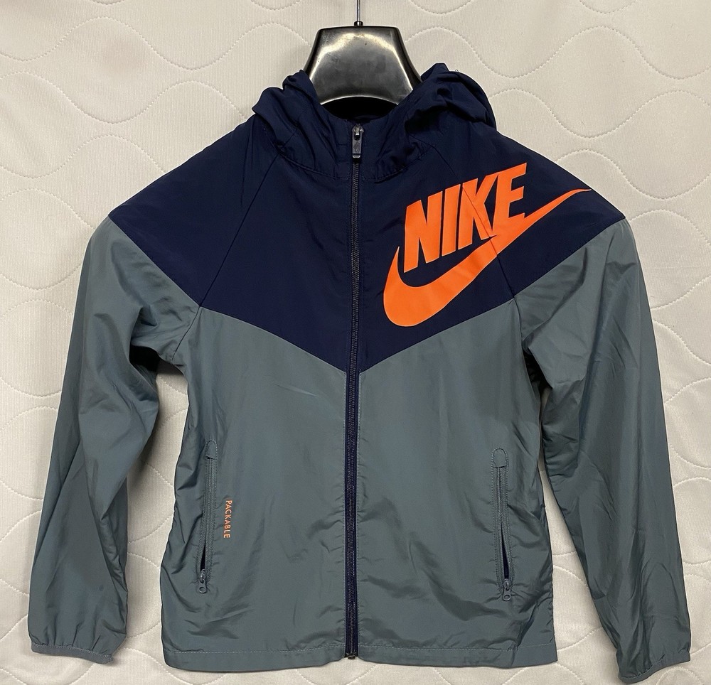 Nike Packable Running Wind Rain Jacket Womens S Hooded Big Logo Blue (Pre-Owned)