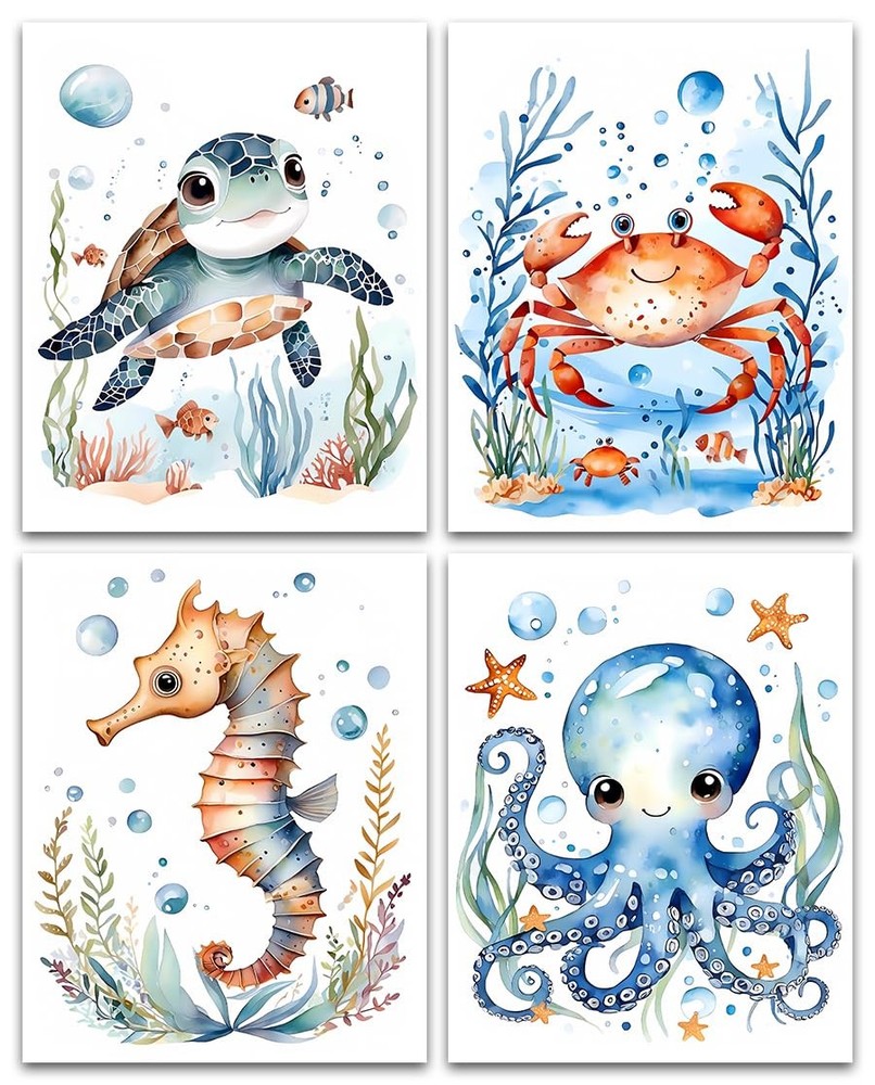 Nursery Sea Animal Wall Art Decor Set of 4 Watercolor Sea Marine Life Art Pri...