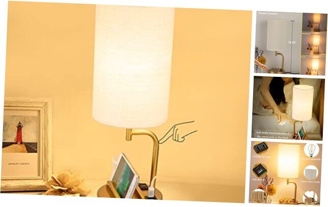 Touch Control USB Table Lamp, Upgraded 3-Way Dimmable Linen shade+Gold base