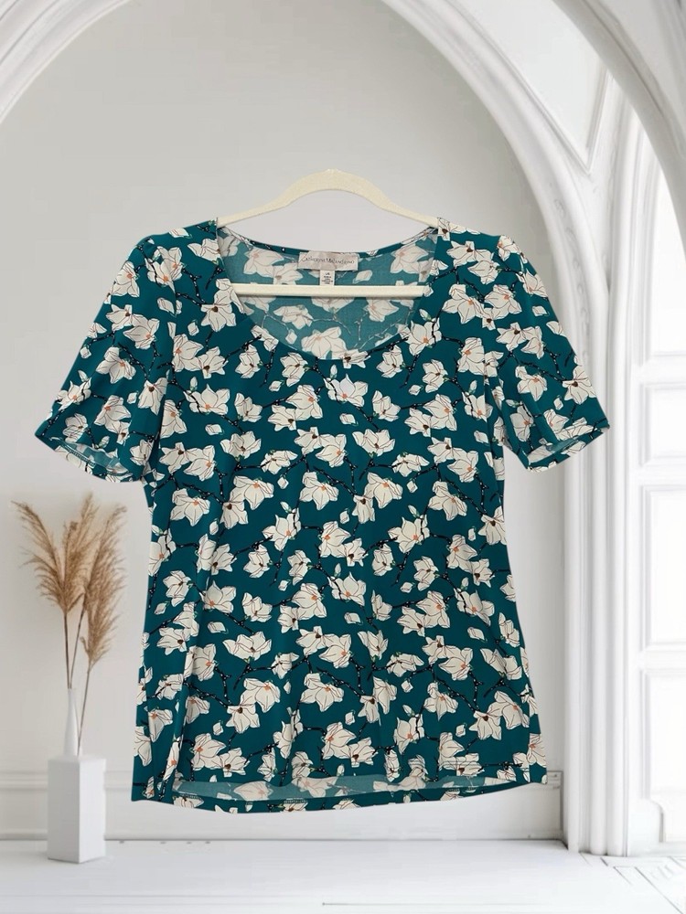 Catherine Malandrino Women Floral Puff Sleeve Top Size Large Lightweight Stretch