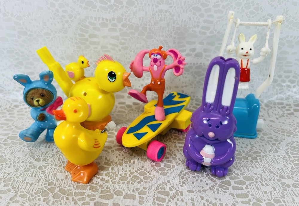 Lot of 6 Vintage Easter Toys Wind Up Duck Skateboard Bunny Swing Rabbit Figures