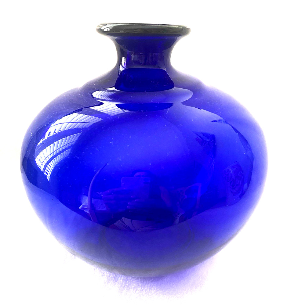 Vintage Hand Blown Vase MCM Cobalt Blue Glass Balloon Bottle with Pontil