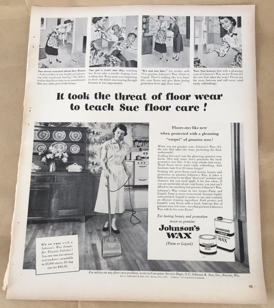 Johnson's wax 1950 vintage print ad 50s art retro decor illustration polisher