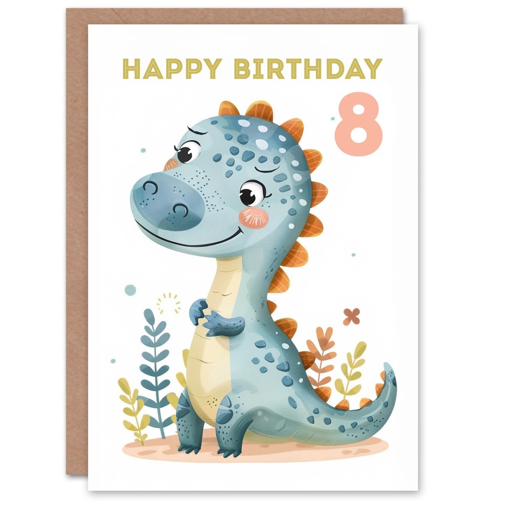 8th Birthday Card Cute Blue Dinosaur Cartoon Drawing Kids Age 8 Year Old Child