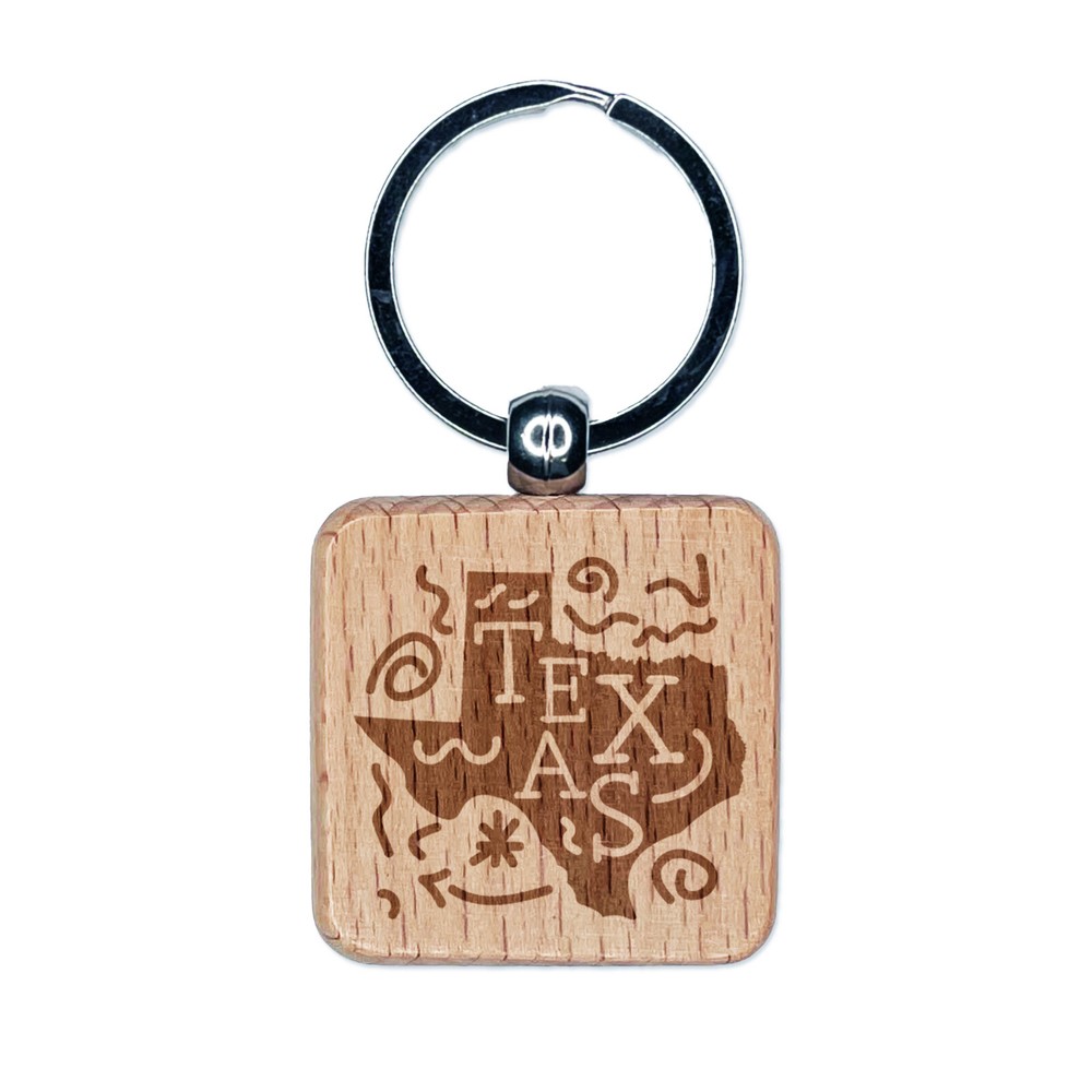Texas State with Text Swirls Engraved Wood Square Keychain Tag Charm