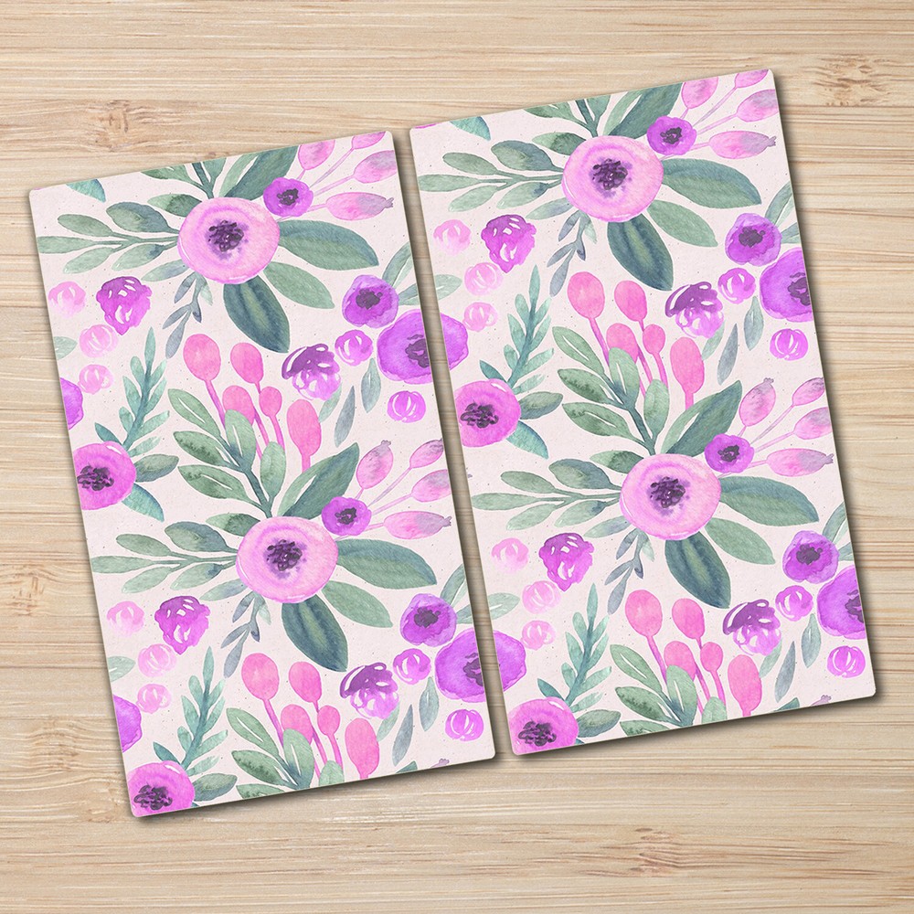 Tempered Glass Worktop Saver Floral Pink and Purple Watercolour Flowers 2x30x52