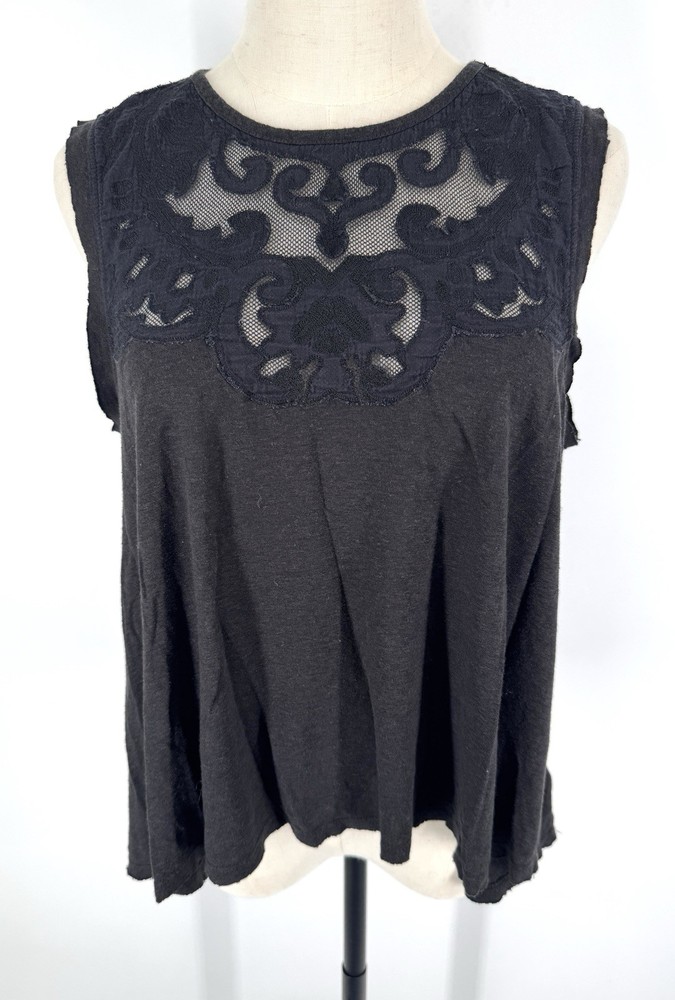 free people tank top small Flowy Linen Cotton Lace Boho Shirt Crop Black Cute