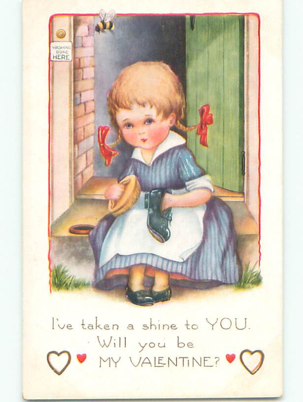 Cute Pigtail Girl Shines Shoes Valentine Linen Card K9671 60k