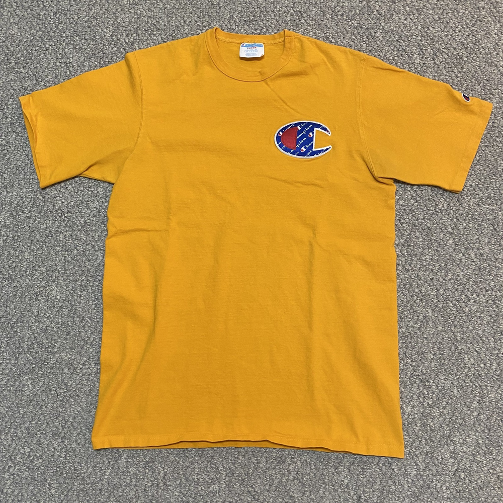 Vintage Champion Yellow T-Shirt Men's Size Large Big Embroidered C Logo FLAWS