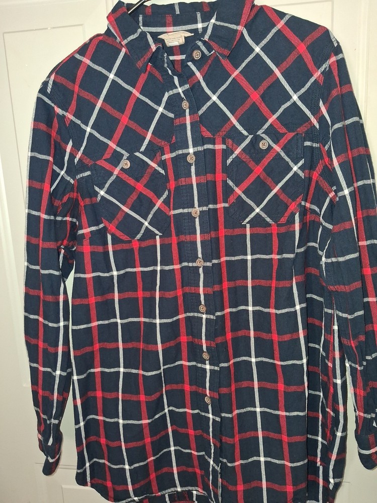 Duluth Trading Co Flannel Shirt Womens L Plaid Button Up Cotton Blue Red