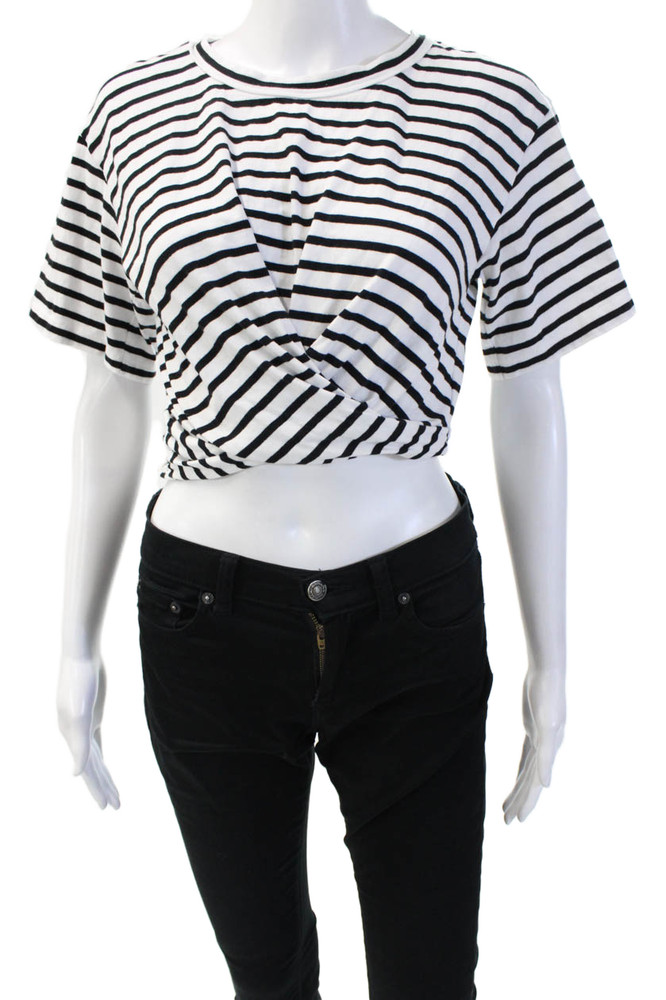 ALC Women's Round Neck Short Sleeves Tie Front Boxy T-Shirt Striped Size XSFree Shipping in US $100+ Orders | $6.95 Orders Below