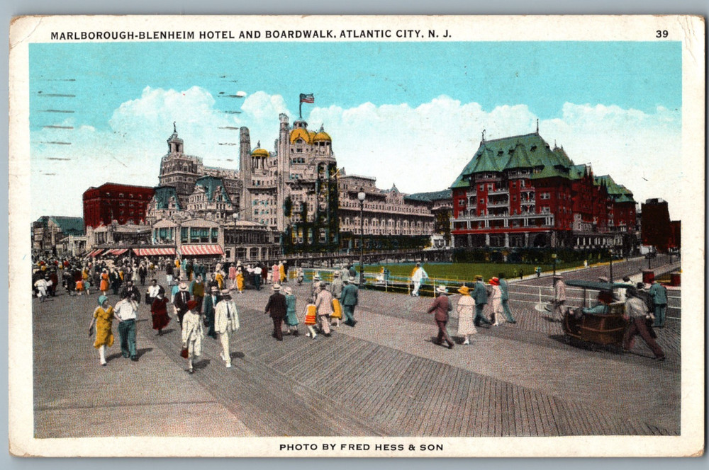 NJ Atlantic City Marlborough Blenheim Hotel and Boardwalk Matching 1934 Postcard