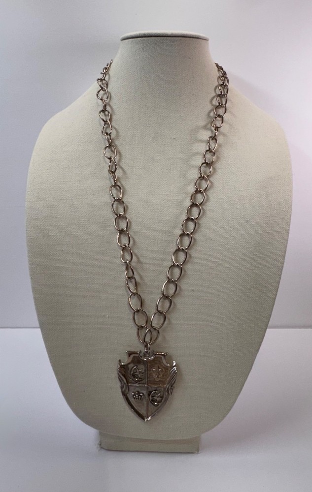 Vintage Heraldic Crest Shield Necklace Silver Tone Chain Pendant Revival