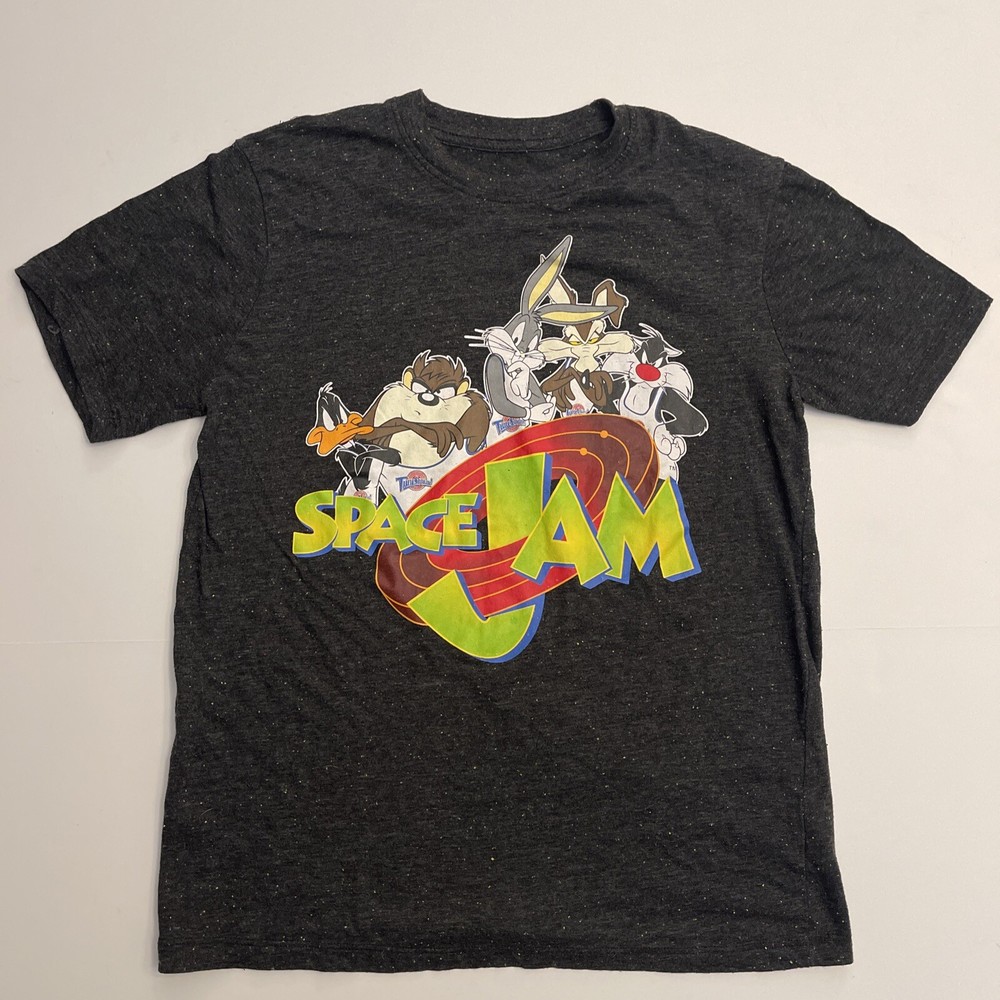 Space Jam Men’s Size Medium Graphic Looney Tunes T Shirt Gray Speckles Cartoon