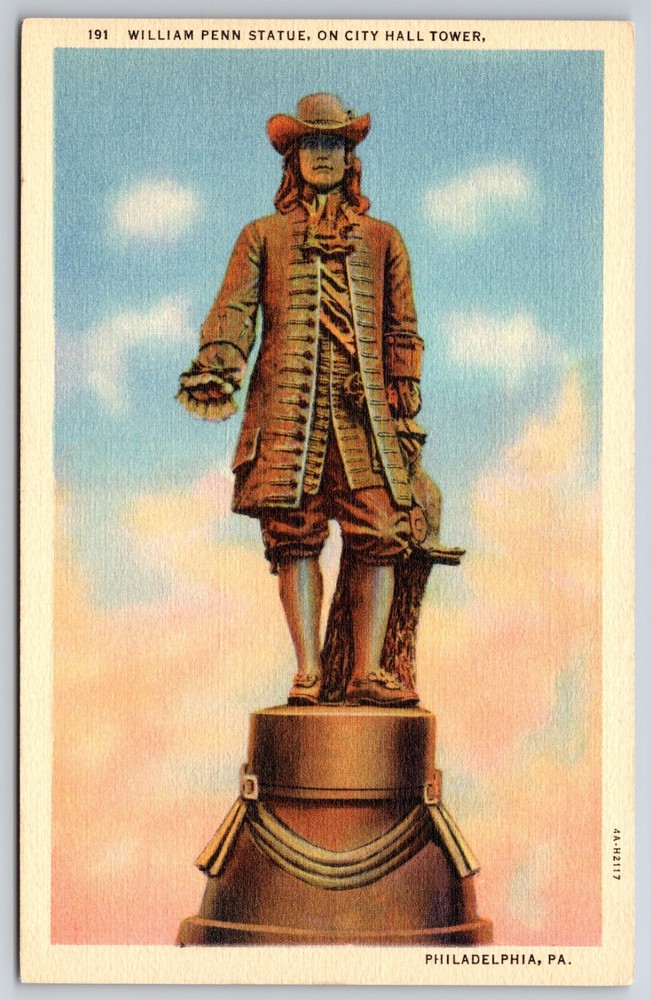 PA Philadelphia William Penn Statue City Hall Tower Linen Postcard